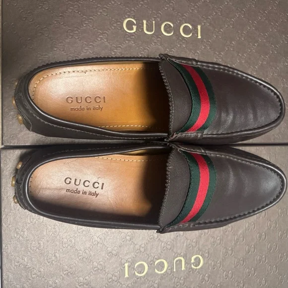 Gucci Brown and Green Leather Loafers with Signature Stripe - Picture 6 of 12